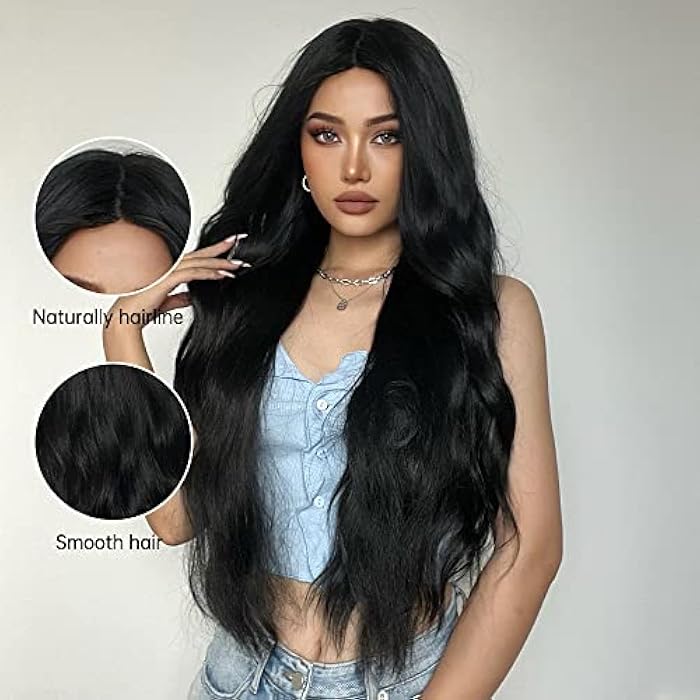 DILLARDS Piaou 28Inch Long Black Wig For Women Natural Looking Synthetic Long Wavy Wigs Middle Part Heat Resistant Long Wig For Daily Party Wear (Black) - Image 4